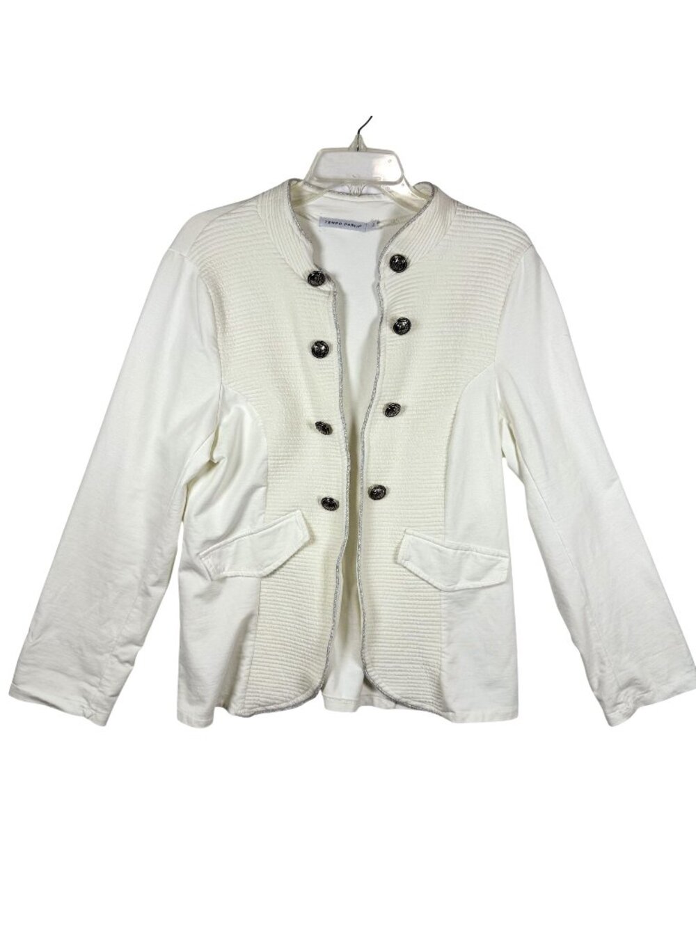 Tempo Paris Off-White Textured Open Front Jacket Blazer XL Band Collar Womens